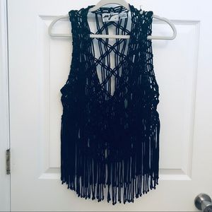 Vintage black crochet/macrame fringe vest